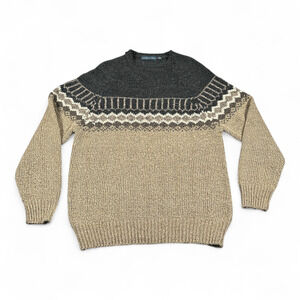 Northern Isles Sweater Womens LARGE Brown Gray Nordic Fair Isle Raglan Y2K